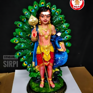 Lord Murugan Statue with Peacock Feather Backdrop
